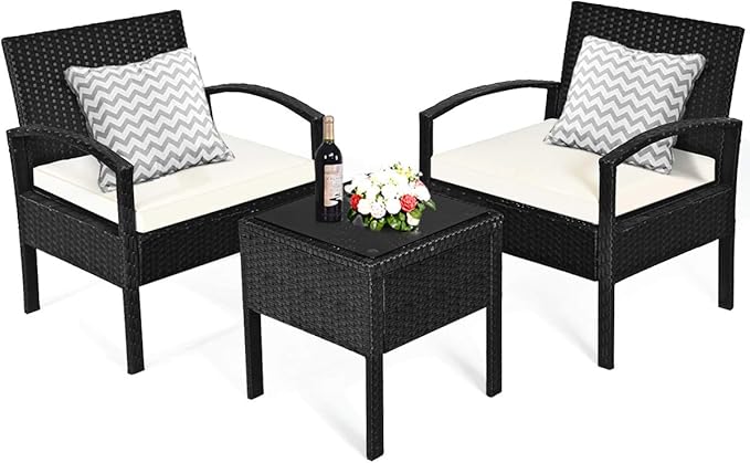 Tangkula 3 Piece Patio Conversation Set, Outdoor Rattan Sofa Set with White Seat Cushions & Coffee Table, Patio Wicker Furniture Set for Garden Balcony Backyard Poolside (Black)