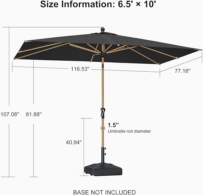 PURPLE LEAF 6.5' x 10' Market Umbrella Patio Umbrella Rectangular Outdoor Table Umbrella Aluminum with Push Button Tilt & 8 Sturdy Ribs and Crank for Pool Backyard Beach, Black