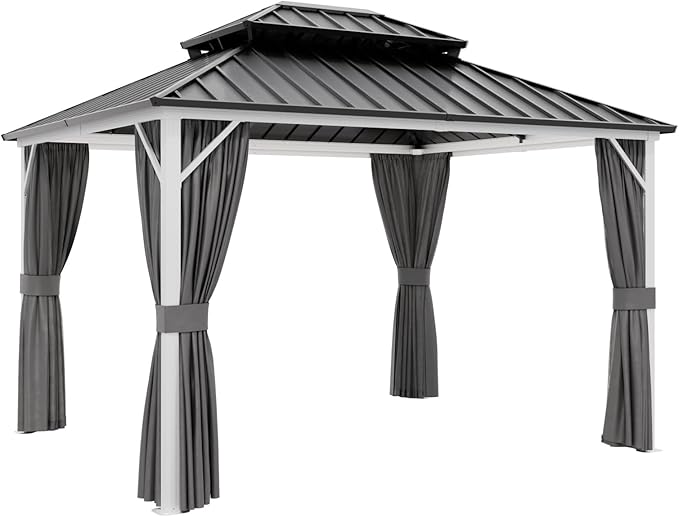 EAGLE PEAK 12x10 Hardtop Gazebo, Galvanized Steel Double Roof with Aluminum Frame, Outdoor Pavilion with Netting and Curtains for Patio, Deck, Lawn and Garden, White/Gray