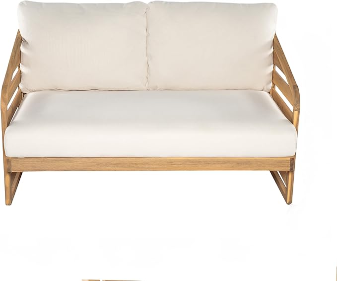 Christopher Knight Home Meiko Patio 2 Pieces Conversation Set, Acacia Wood Loveseat with Cushion and Coffee Table, Slat Panel Outdoor Sofa and Rectangular Table for Backyard Garden, Teak+Beige