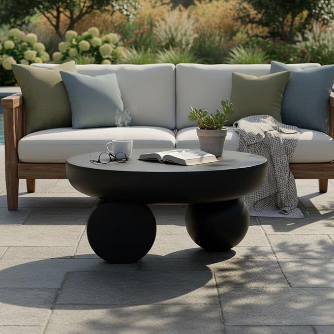 Christopher Knight Home Rico 27.5" Outdoor Coffee Table with Spherical and Cylinder Leg, MGO Round End Table with Ball Legs, No Assembly Patio Table for Poolside/Balcony/Backyard, Black