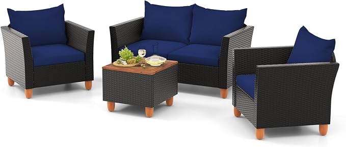 HAPPYGRILL 4 Pieces Wicker Patio Conversation Set, PE Rattan Chair & Ottoman Set with Removable Cushions, Storage Coffee Table, Outdoor Furniture Set for Garden Backyard Poolside (Navy)