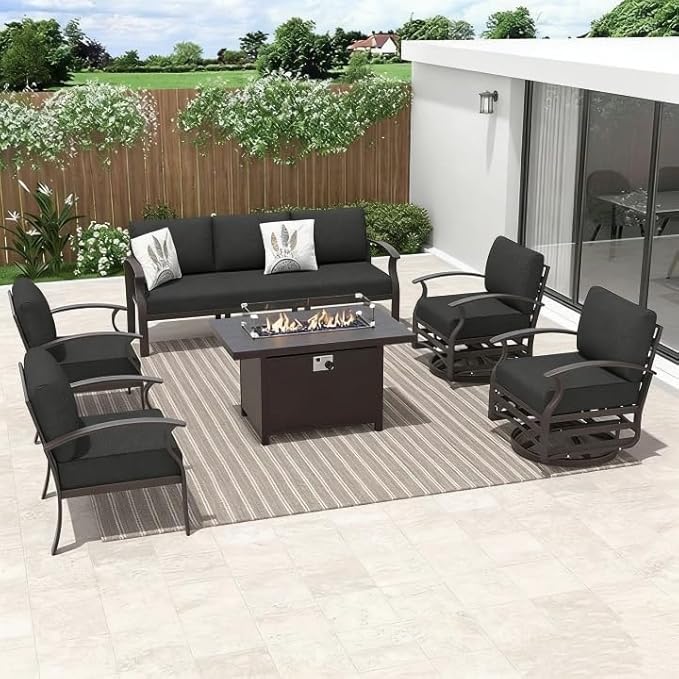 ALAULM Aluminum Outdoor Patio Furniture Set with Fire Pit Table Metal Patio Furniture w/Fire Pit Outdoor Sectional w/5.1" Cushions and 7 Seats for Patio, Backyard, Poolside-Midnight Black