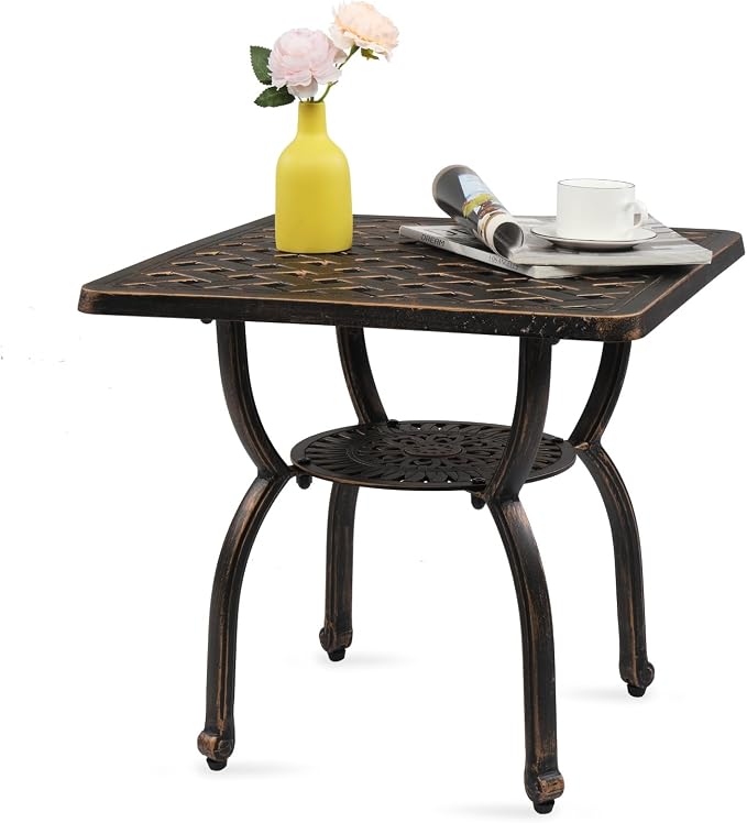 Bonnlo 22" Cast Aluminum Outdoor Side Table, All Weather Patio Side Table Outdoor End Table for Patio, Porch, Deck, Garden, Bronze (Square)