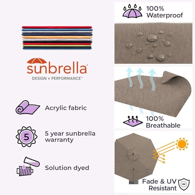 Midtown Umbrellas 10 Ft Outdoor Cantilever Patio Umbrella w/Sunbrella Cast Shale Fabric - 360° Rotate Offset Patio Umbrella, Deck Patio Umbrella, Backyard Umbrella & Garden Umbrella - Black Frame