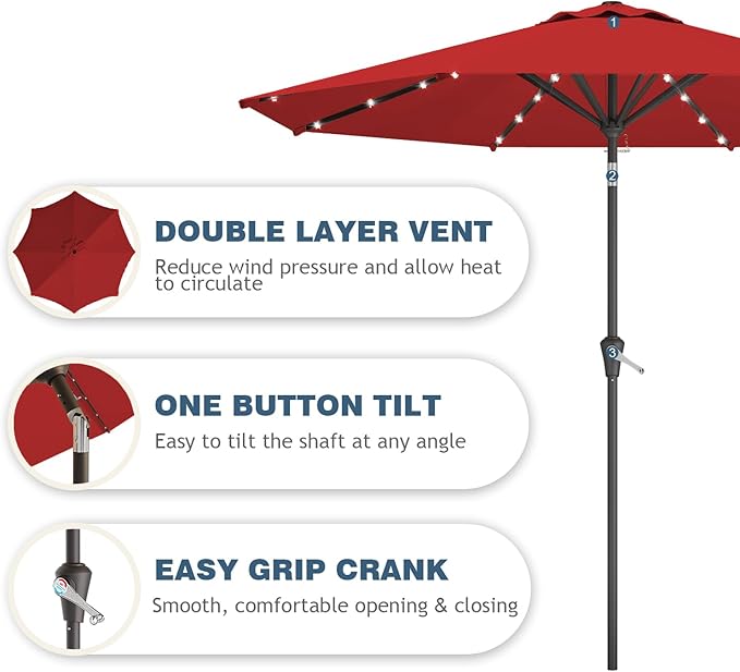 9FT Patio Umbrella with Solar Lights,Outdoor Market Umbrella with Tilt and Crank, LED Lighted Table Umbrella for Garden,Deck,Backyard,Pool,Beach (Red)