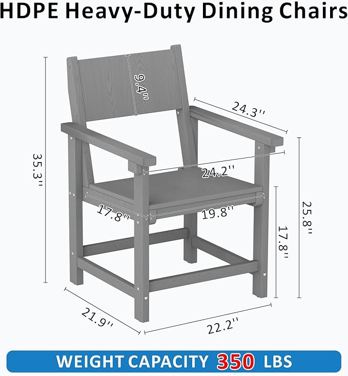 HDPE Outdoor Patio Dining Chairs,Dining Chairs with Arms, Waterproof, Rot Resistant, for Outside, Lawns, Porch, Patio, Deck, Garden Gray