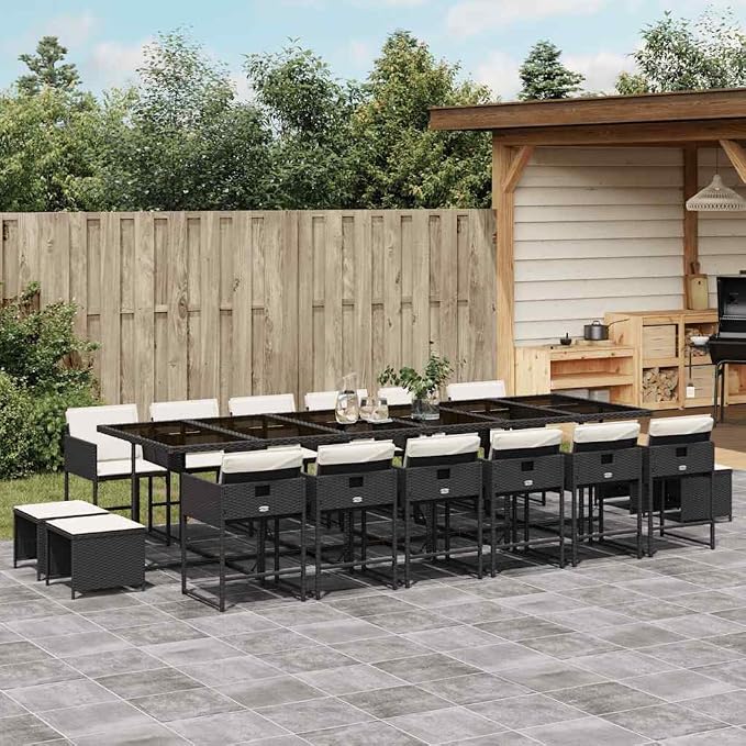 17-Piece Outdoor Dining Set, PE Rattan Patio Furniture for 16 People, Garden Table and Chairs with Cushions, Black and Cream White