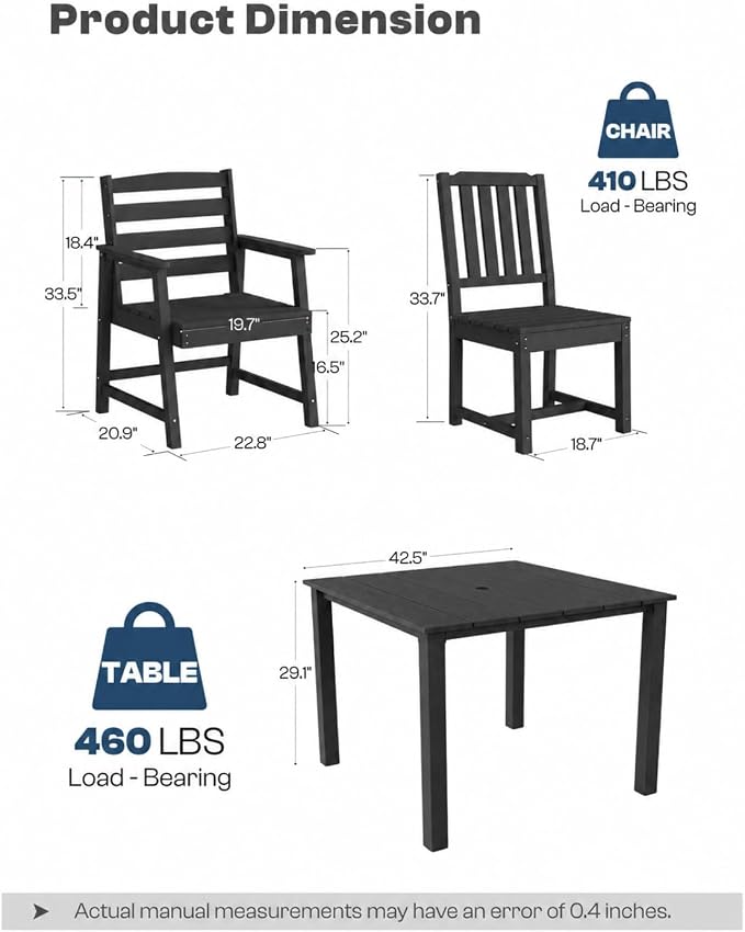 HDPE Outdoor Dining Set for 4, Armchairs, Black | All-Weather HDPE, Wood Grain Finish, 42.5" Square Table, Built-In Umbrella Hole, Seats 4, Patio & Poolside Ready