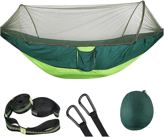 Hammock Camping Hammock with Mosquito Net Pop-Up Light Portable Outdoor Parachute Hammocks Swing Sleeping Hammock Camping Stuff Quick-Opening(Gree-6 Rings)