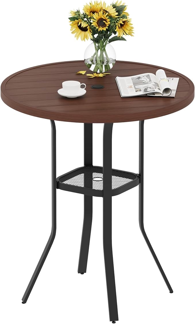 VICLLAX Patio Bar Height Table, Outdoor Round Bar Table with Umbrella Hole for Balcony, Porch, Deck, 37" Walnut