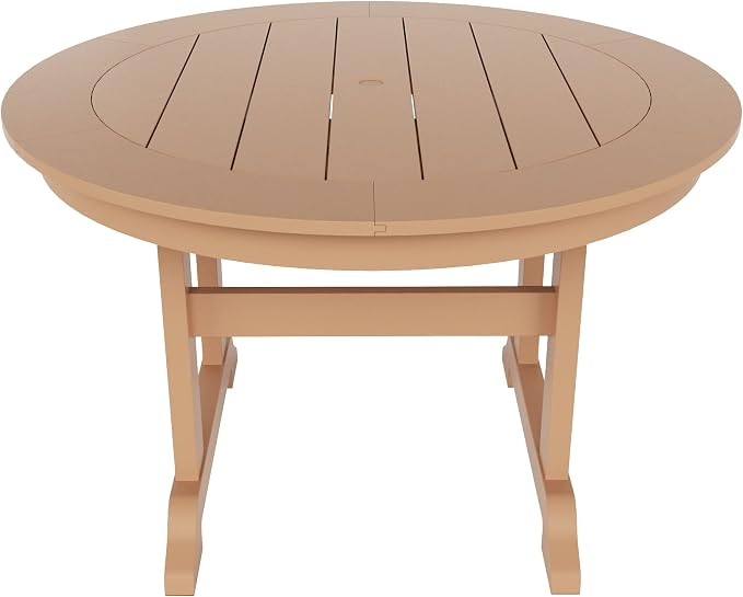 WestinTrends Malibu 5 Piece Adirondack Patio Dining Set, All Weather Poly Lumber Outdoor Table and Chairs Furniture Set, 47" Trestle Round Dining Table and 4 Adirondack Dining Chair, Teak