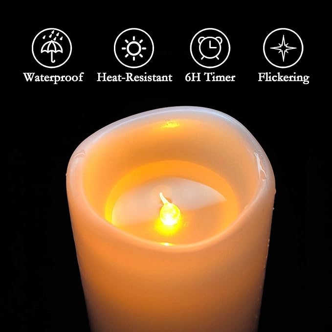 Homemory 4" x 6" Large Waterproof Outdoor Flameless Candles, Battery Operated Flickering LED Pillar Candles with Remote and Timers for Indoor Outdoor Lanterns, Long Lasting, Dark Ivory, Set of 4
