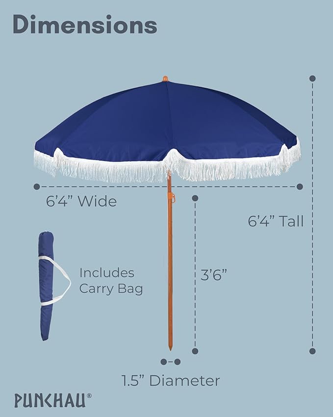 6 Ft Fringe Patio Umbrella - Outdoor Umbrella for Patio, Pool, Table, Garden, Deck, Beach, and Outdoors - Fashionable Boho Vintage Tassels & Wood Print - Push Button Tilt Pole
