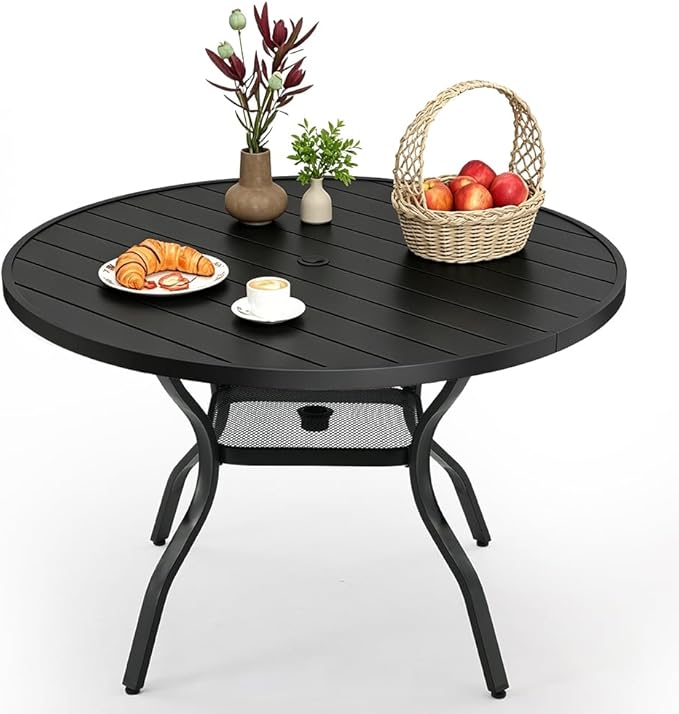 47.2 Inch Outdoor Dining Table for 6 – E-Coating Metal Round Patio Table with Adjustable 1.57" Umbrella Hole, All-Weather Table for Porch, Garden, Backyard, Poolside, Lawn