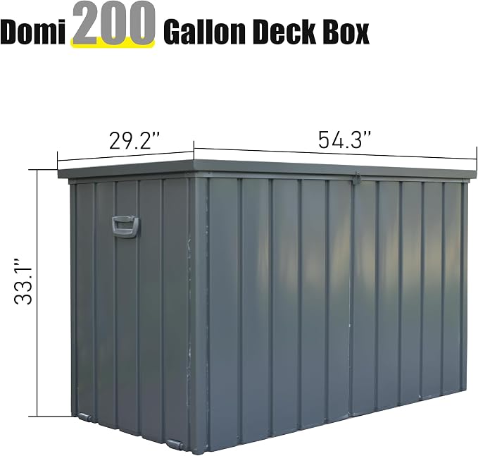 Domi Deck Box 200 Gallon Outdoor Storage Box, Large Metal Storage Cabinet Waterproof Lockable Container for Patio Furniture Cushions Garden Tools Pool-Supplies, Dark Grey
