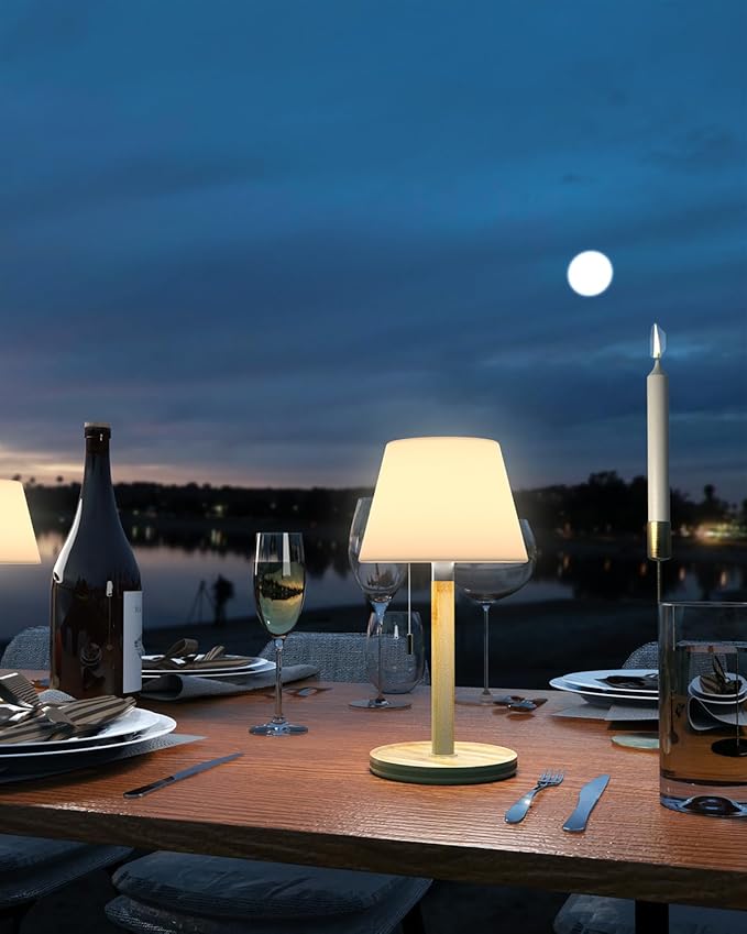 Outdoor Waterproof Table Lamp for Patio, Small Cordless Battery-Operated Lamp, Rechargeable Shower Light, 3 Lighting Modes Desk Light with Pull Chain Garden Outside Camping Bathroom, Wood Grain