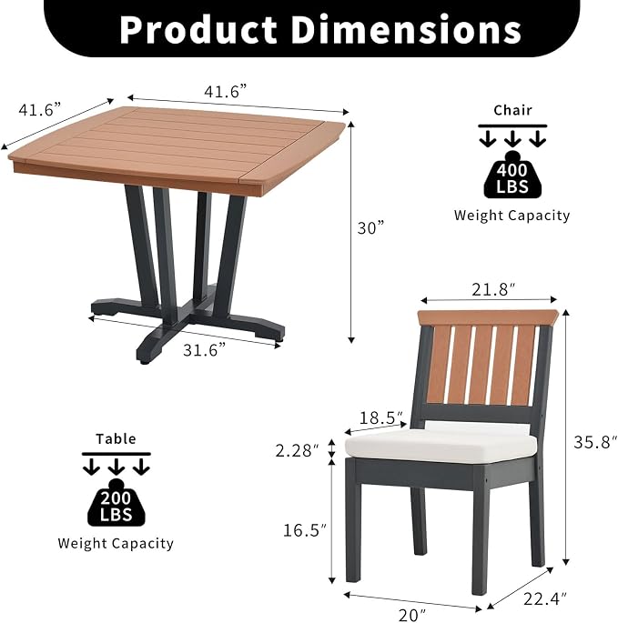 Patio Dining Set for 4, 5-Piece Square Outdoor Dining Set with 4 HDPE Patio Armless Chairs with Cushion and a 42“ Square Outdoor Dining Table, Luxurious Two-Tone Finish for Poolside or Backyard Use