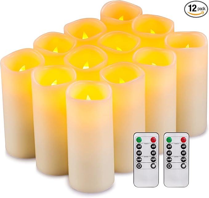Enpornk Flameless Candles Flickering LED Candles Set of 12 (D:2.2" X H:5") Ivory Real Wax Pillar Battery Opeated Candles with 10-Key Remote and Cycling 24 Hours Timer