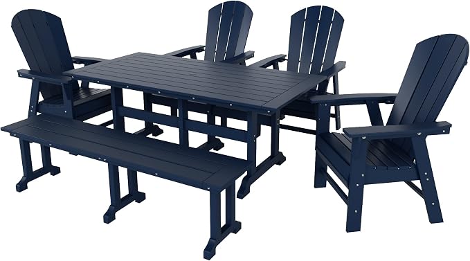 WestinTrends Malibu 6 Piece Adirondack Patio Dining Set with Bench, All Weather Poly Lumber Outdoor Table and Chairs, 71" Trestle Dining Table, 4 Adirondack Chair with Dining Bench, Navy Blue