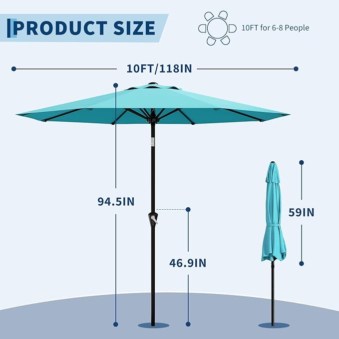 Garvee 10FT Patio Umbrella - Outdoor Table Umbrella with Smooth Crank Lift, Push Button Tilt and 8 Sturdy Ribs - Market Umbrella UV Protection Waterproof for Pool, Deck, Yard, Garden