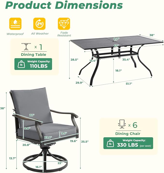 LVUYOYO 7-Piece Outdoor Patio Dining Set, Metal Swivel Chair & Rectangular Table Set, All-Weather Furniture for Backyard, Garden,Balcony,Porch (Gray)