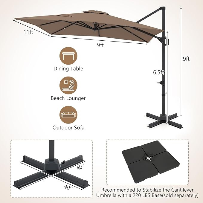 Tangkula 11 x 9 FT Patio Umbrella, Large Offset Cantilever Outdoor Umbrella with Aluminum Pole, 360 Degree Rotation, Tilt Adjustment, 8 Sturdy Ribs, Air Vent & Cross Base for Backyard Pool Garden Deck (Tan, 11x9 FT)