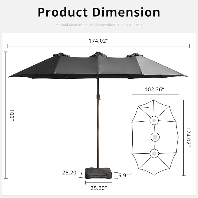 15ft Large Patio Umbrellas with Base & Solar Lights,Outdoor Rectangle Double-Sided Market Umbrella with Stand & 38 LED Lights,Outside Umbrellas for Poolside Deck Backyard (Dark Grey)