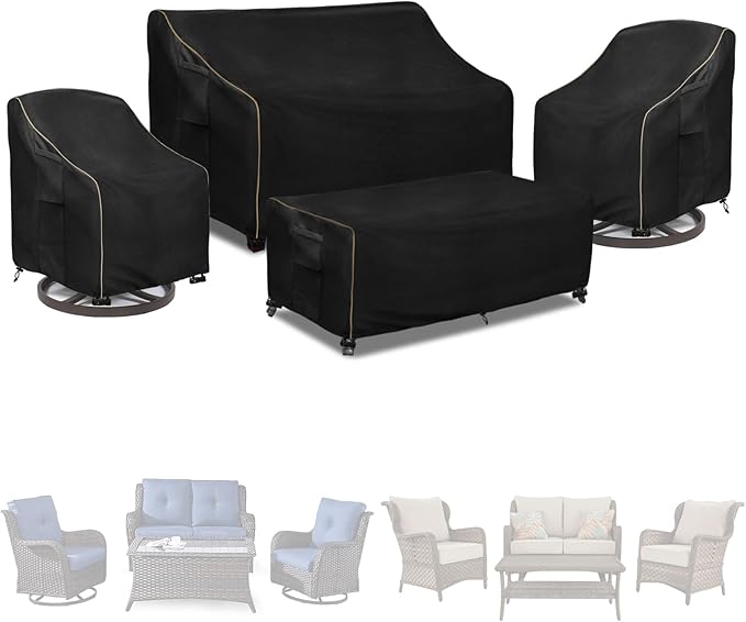 Patio Furniture Covers 4 Piece Set, 600D Heavy Duty Outdoor Furniture Covers Waterproof for Patio Loveseat, Swivel Rocker Chair and Coffee Table,Black