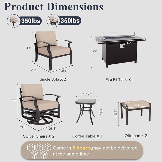 ALAULM Aluminum Patio Furniture Set with Propane Fire Pit Table 6-seat Metal Outdoor Furniture w/Swivel Chairs Patio Sectional Sofas w/5.1" Cushions for Patio, Backyard, Poolside-Sand