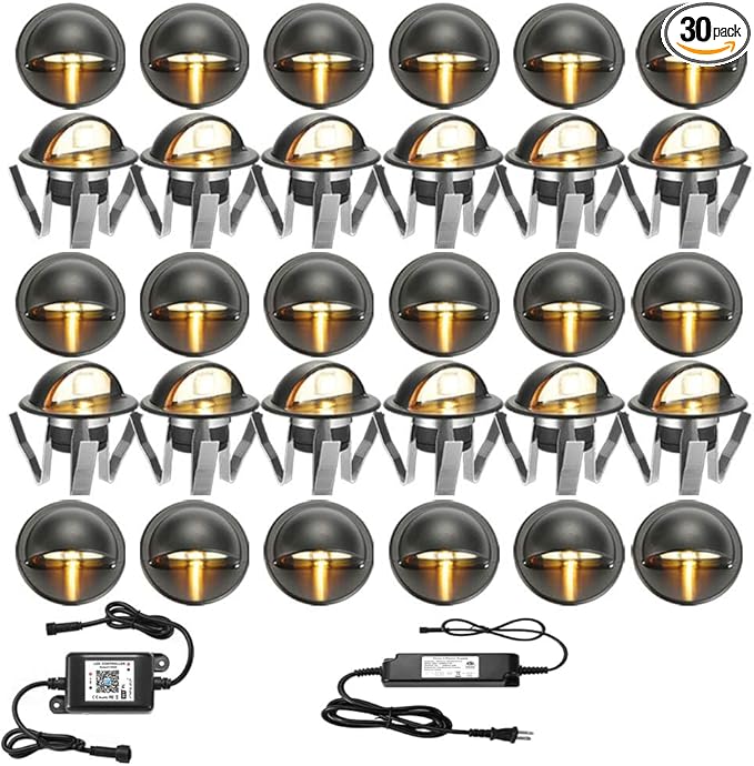 FVTLED WiFi Deck Lights, WiFi Controlled 30pcs Low Voltage LED Deck Lights Kit Φ1.38 Outdoor Recessed Step Stair Warm White LED Lighting Compatible with Alexa Google Home, Black
