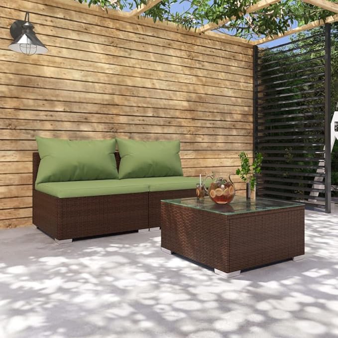 3 Piece Patio Lounge Set with Cushion, Patio Lounge Set Furniture Conversation Sets Piece Patio Set Outdoor Patio Sectional s Poly Rattan Brown