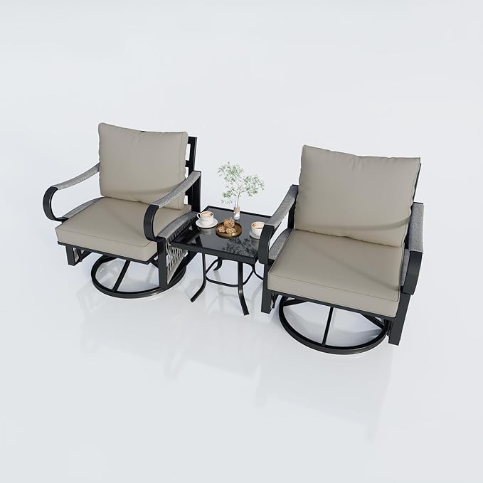 3 Pieces Outdoor Furniture Set, Metal 360° Swivel Rocking Chairs Bistro Sets, Patio Conversation Set with Side Table for Deck, Porch, Garden, Backyard, Poolside (Beige Cushions)