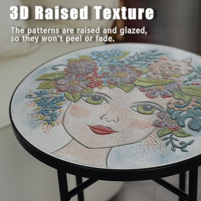 Mosaic Outdoor Side Table Small Round Patio Table Plant Stand | 21" Accent End Table with 14" Ceramic Tile Top for Small Spaces Porch Pool Garden Decor Indoor Living Room Bedroom Balcony