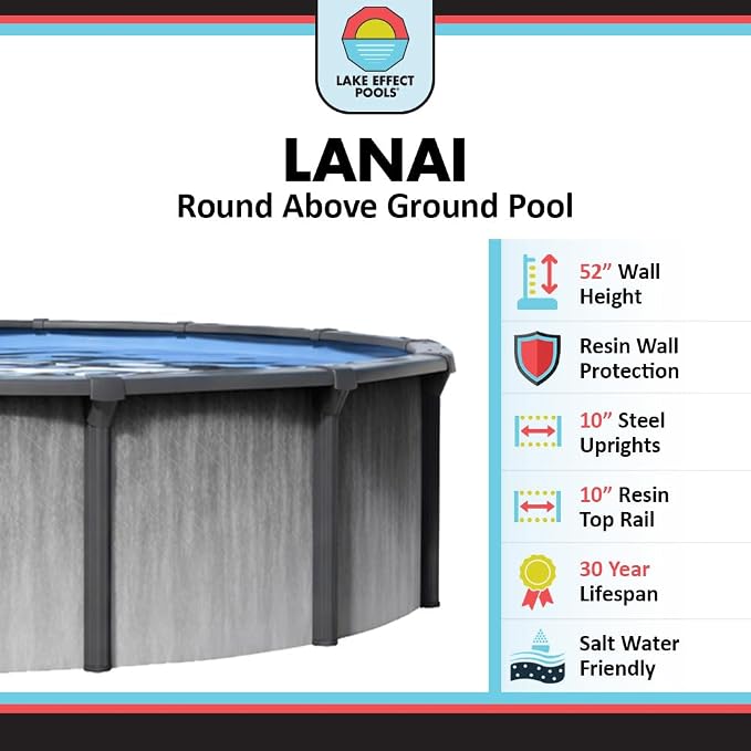 Lake Effect Pools 'Lanai' 27 ft Round Above Ground Swimming Pool | 52 Inch Resin Protected Steel Sided Walls | Bundle Includes: 25 Gauge Overlap Liner & Widemouth Skimmer