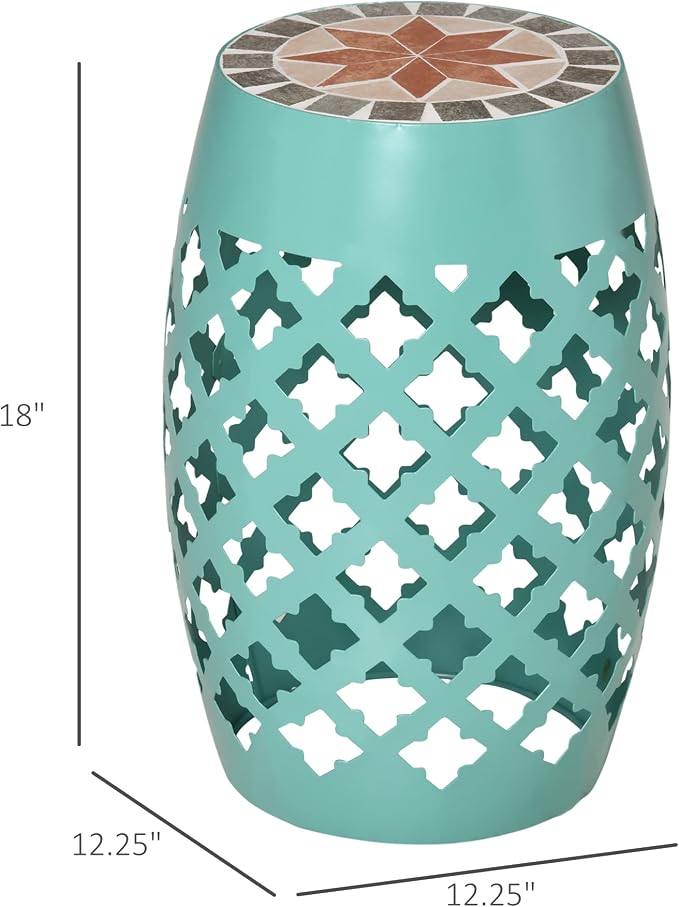 Outsunny 12" Patio Round Side Table, Outdoor Footstool, Garden Mosaic Accent Side Table, Plant Stand, Blue