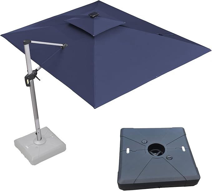 PURPLE LEAF 9' X 12' Solar Powered LED Rectangle Cantilever Umbrella With Base Patio Umbrellas Windproof Hanging Umbrellas Outdoor Umbrellas Offset Umbrella, Navy Blue