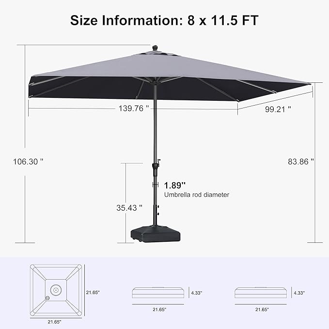 PURPLE LEAF 11.5' x 8' Rectangle Patio Market Umbrella with Base Outdoor Table Umbrellas Aluminum Frame Sun Shade with 8 Sturdy Ribs for Garden Deck Lawn Pool Gray