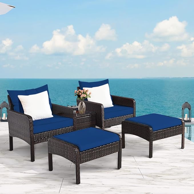 Tangkula 5 Pieces Wicker Patio Furniture Set, All Weather PE Rattan Outdoor Cushioned Sofas and Ottoman Set, 2-Person Outside Conversation Set for Lawn, Poolside, Yard, Balcony, Deck, Navy