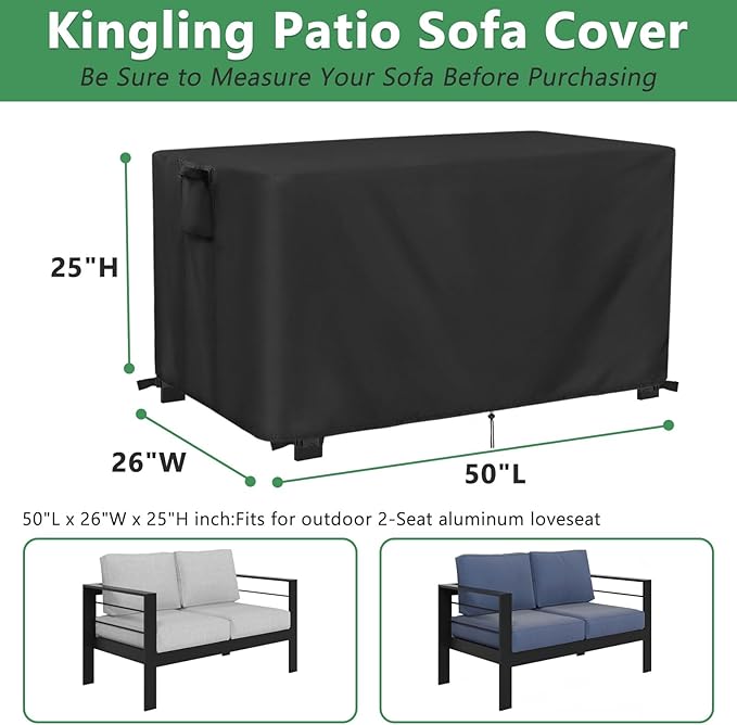 Kingling Outdoor Bench Cover for 2-Seat Aluminum Patio Sofa- Patio Sofa Covers Waterproof for Outdoor Seating Loveseat Covers Heavy Duty Couch Cover-50 L x 26" W x 25" H Inch(Black)