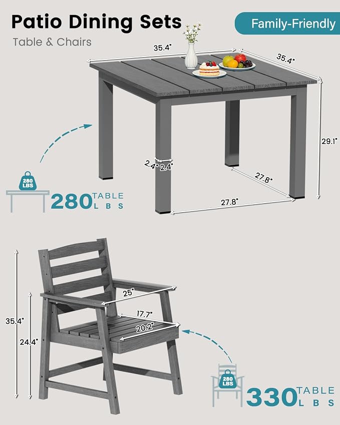 LOUNZY 5 Piece Outdoor Table and Chairs Set, HDPE Weather Resistant, Gray | 4 seat HDPE patio dining set, fade resistant and waterproof, easy clean, ideal for small outdoor spaces