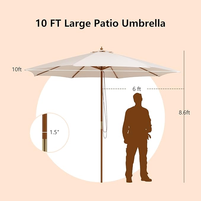 HAPPYGRILL 10 FT Wooden Patio Umbrella with Rope Pulley Lift, 8 Bamboo Ribs, 3 Adjustable Heights, Vented Roof, Outdoor Table Umbrella for Garden Poolside Backyard
