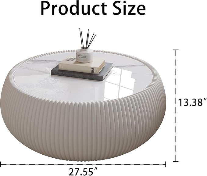 27.55" Round Coffee Table with Marble Top, Luxury Sintered Stone Coffee Table PU Leather Drum Center Tables Circle Cocktail Tea Table for Living Room Apartment No Assembly Cream White