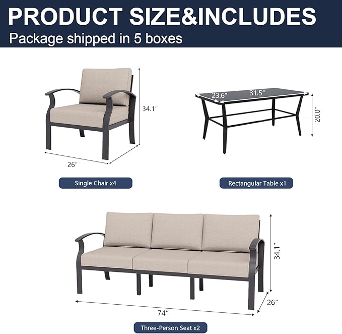 Kurapika Aluminum Patio Furniture Set 10-Seat Modern Metal Outdoor Conversation Sets w/5.1 Inch Cushion Patio Sectional Sofa with Rectangular Coffee Table, Sand