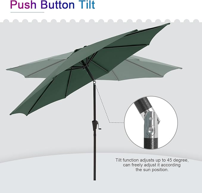 COBANA Patio Umbrella, Outdoor Table Umbrella of 9-Feet with 8 Ribs and Push Button Tilt and Crank, Dark Green
