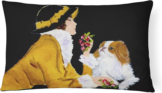 Caroline's Treasures SS8540PW1216 Lady with her Japanese Chin Canvas Fabric Decorative Pillow Machine Washable, Indoor Outdoor Decorative Pillow for Couch, Bed or Patio, 12HX16W