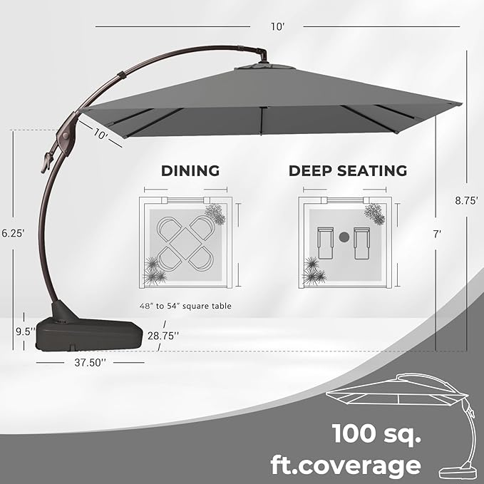 Grand patio 10x10 FT Patio Offset Umbrella, Large Square Aluminum Cantilever Umbrella Base Included for Deck Porch (Gray, 10x10 FT)