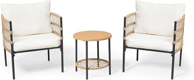 LAUSAINT HOME 3-Piece Outdoor Patio Furniture, All-Weather Wicker Patio Conversation Set with Thick Cushions and 2-Tier Coffee Table for Patio, Balcony, Backyard, Beige