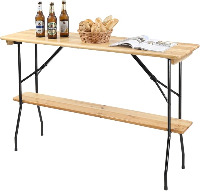 VINGLI 70-Inch 2-Tier Wooden Folding Table, Folding Picnic Table with Sturdy Metal Frame, Lower Tabletop Removable for Easy Use,Perfect for Picnics, BBQs, Parties, Bars, and Camping