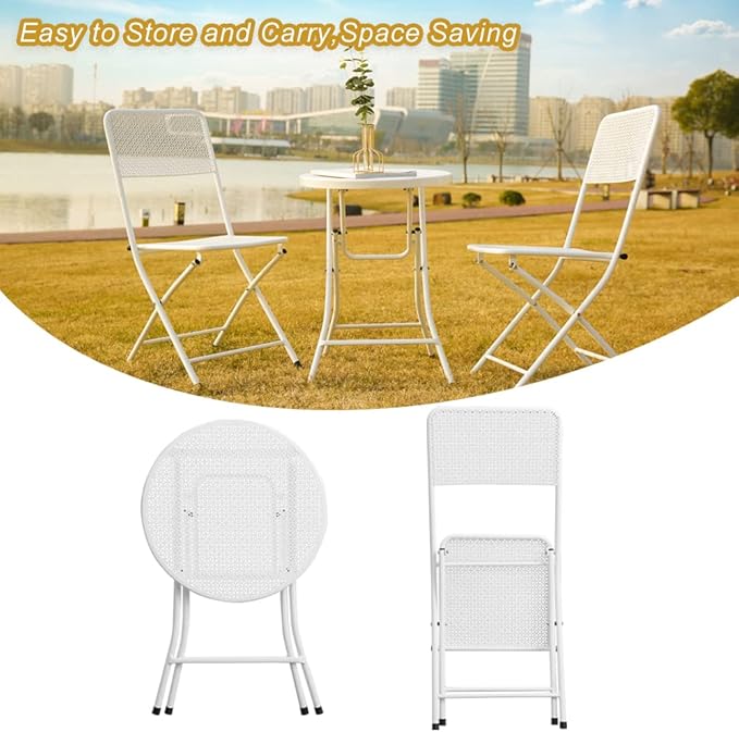 3-Piece Patio Bistro Set, Metal Folding Outdoor Patio Furniture Sets, Stainless Steel Patio Conversation Set with Folding Patio Round Table and Chairs for Yard, Garden or Balcony